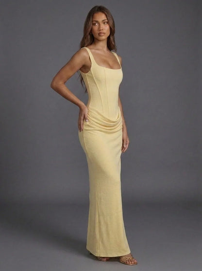 Rhiannon Corset Satin Maxi Dress – Yellow – side