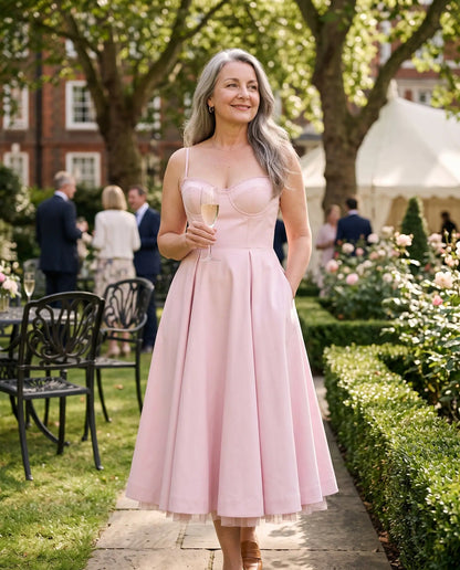 Susannah Corset Midi Dress – Pink – worn outdoors