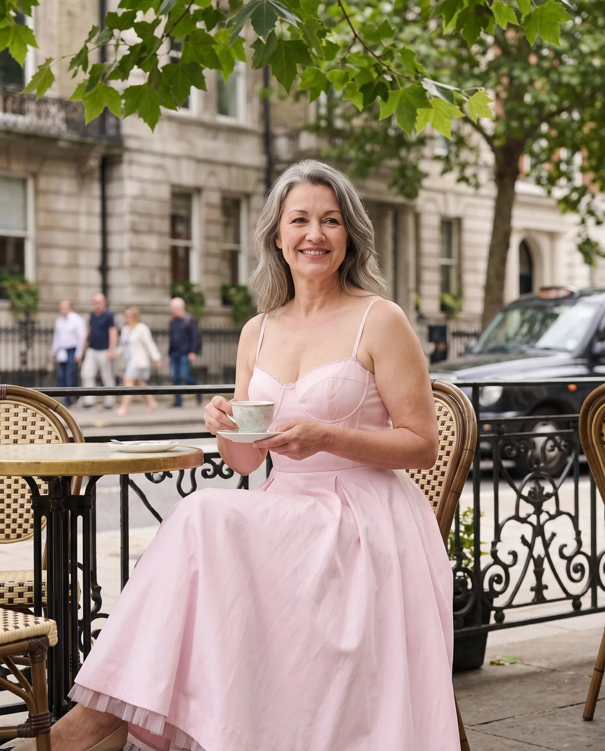 Susannah Corset Midi Dress – Pink – worn outdoors, alternate view