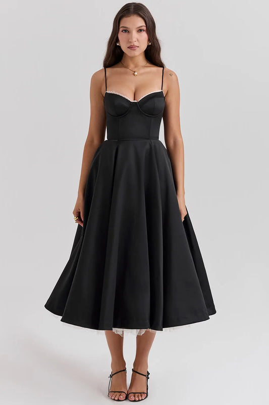 Violaine Corset Tulle Midi Dress – Black – front