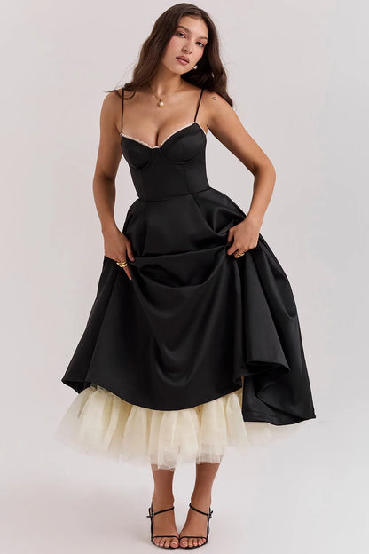 Violaine Corset Tulle Midi Dress – Black – skirt detail