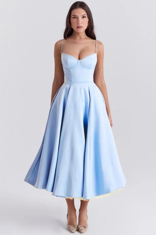 Violaine Corset Tulle Midi Dress – Blue – front