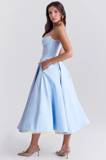 Violaine Corset Tulle Midi Dress – Blue – front, alternate view