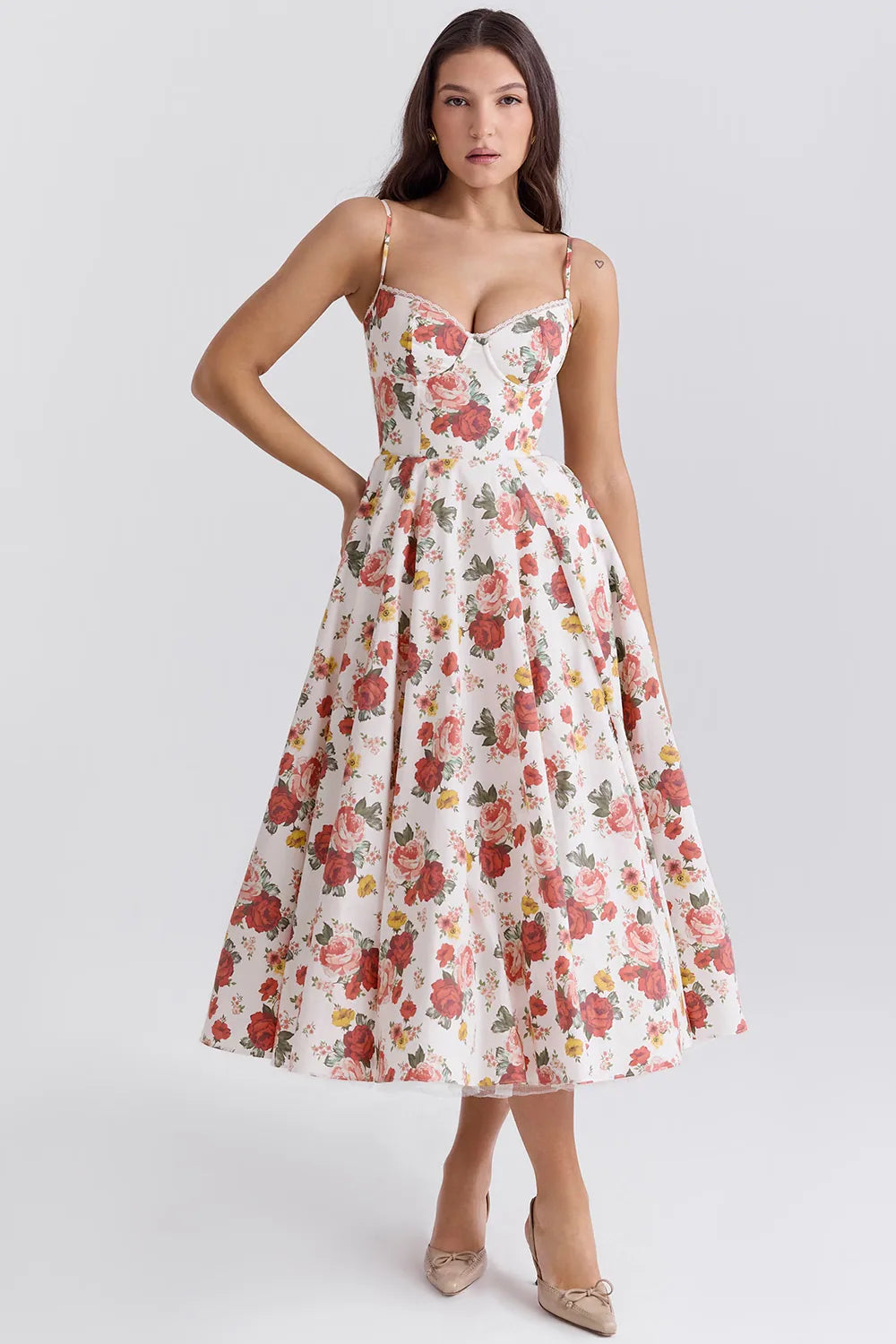 Violaine Corset Tulle Midi Dress – Floral – front