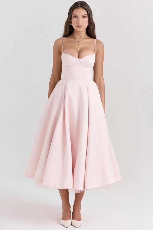 Violaine Corset Tulle Midi Dress – Pink – front