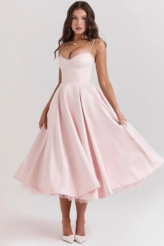 Violaine Corset Tulle Midi Dress – Pink – side