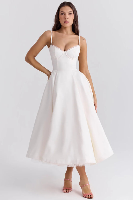 Violaine Corset Tulle Midi Dress – White – front