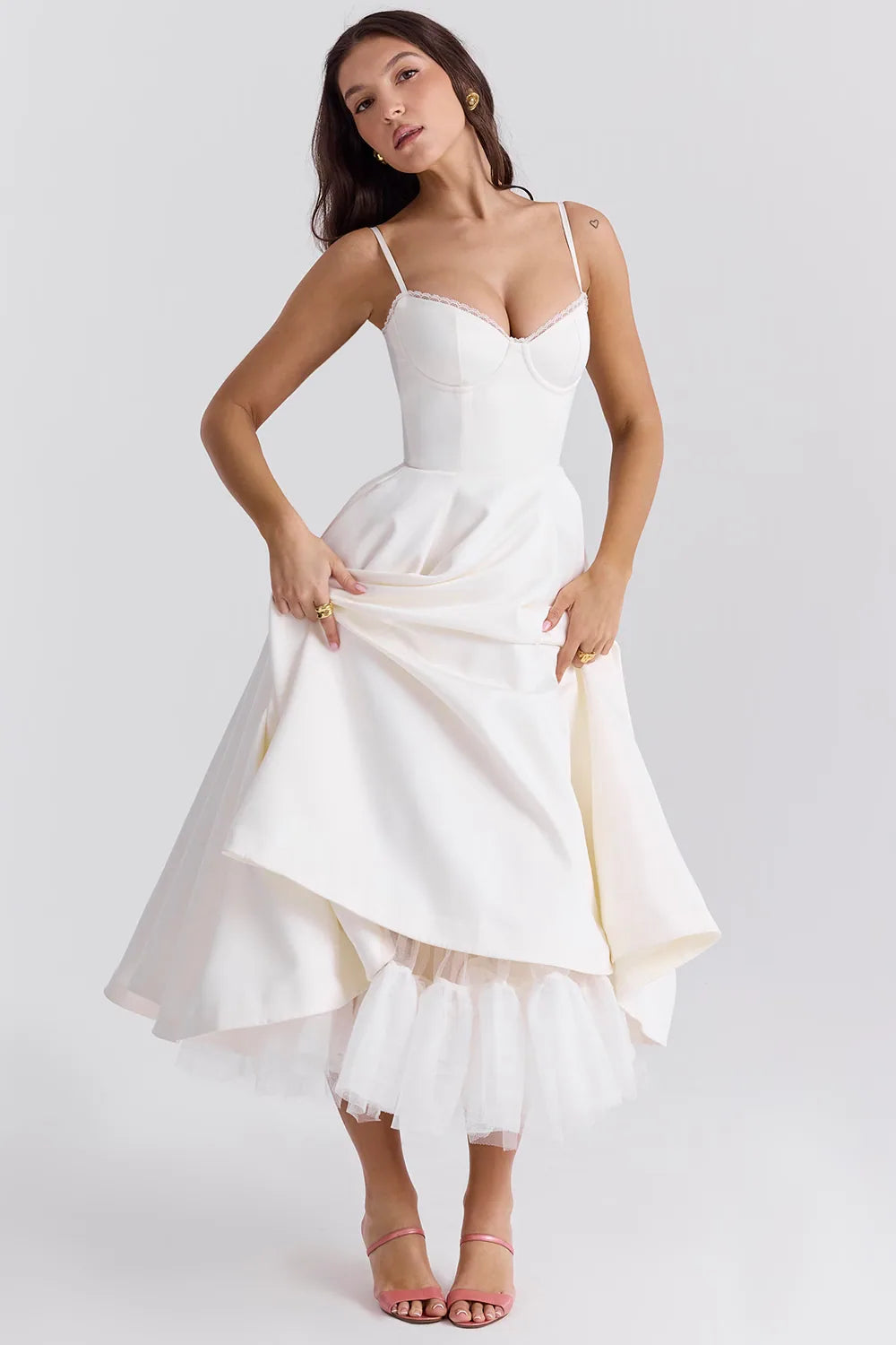 Violaine Corset Tulle Midi Dress – White – side
