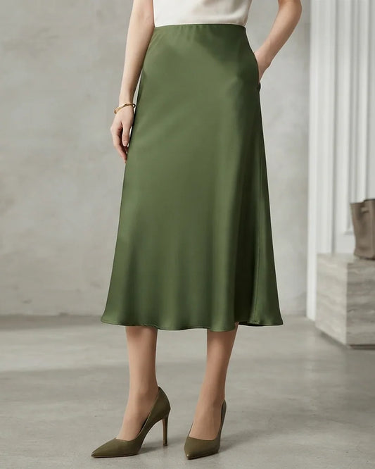 Ombeline Satin A-Line Midi Skirt – Olive – front