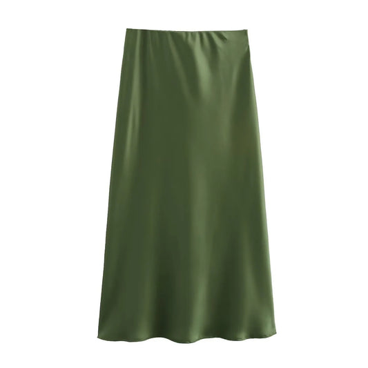 Ombeline Satin A-Line Midi Skirt – Olive – flat lay