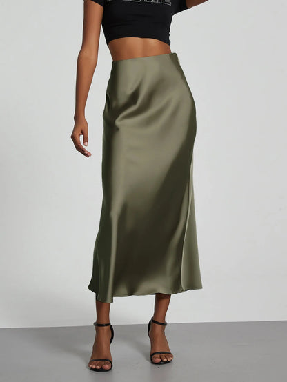 Ombeline Satin A-Line Midi Skirt – Olive – front, studio