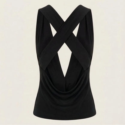Ophelie Draped Cowl Neck Top – Black – back, flat