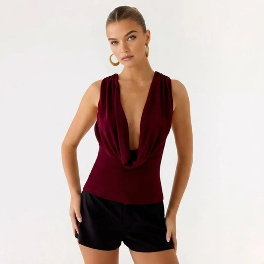 Ophelie Draped Cowl Neck Top – Burgundy – front