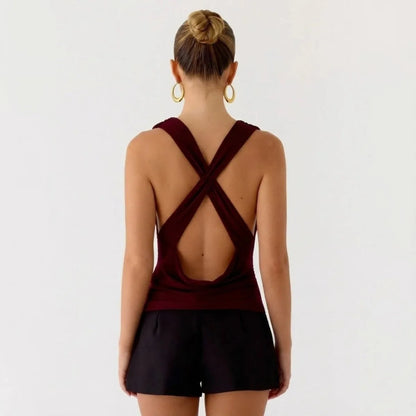 Ophelie Draped Cowl Neck Top – Burgundy – back, criss-cross straps