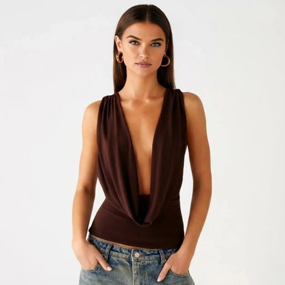 Ophelie Draped Cowl Neck Top – Dark Brown – front