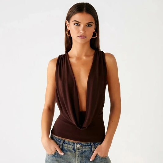 Ophelie Draped Cowl Neck Top – Dark Brown – front