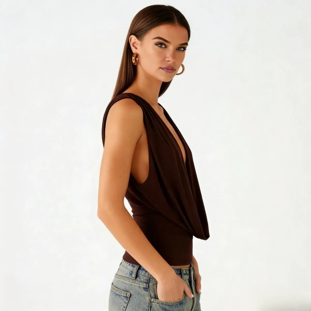 Ophelie Draped Cowl Neck Top – Dark Brown – side