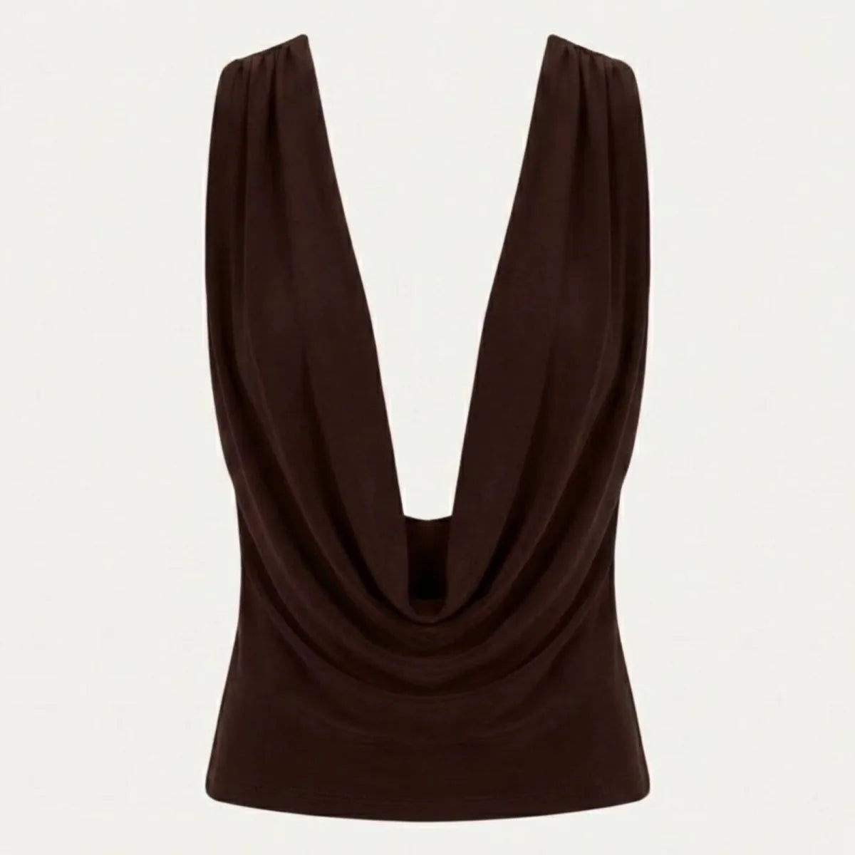 Ophelie Draped Cowl Neck Top – Dark Brown – front, flat