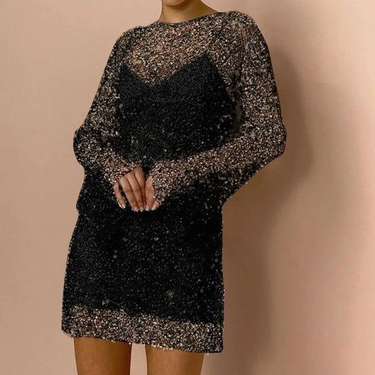 Gaetane Sequin Mesh Mini Dress – Black – front, close, hands clasped