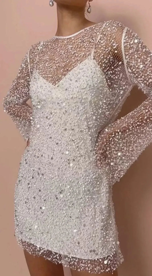 Gaetane Sequin Mesh Mini Dress – White – front, close