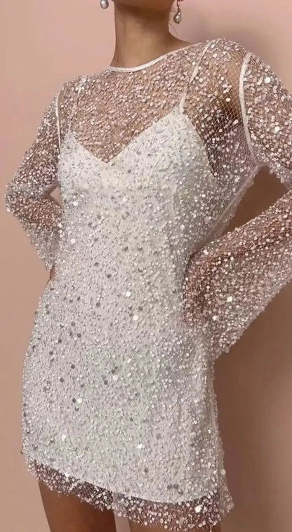 Gaetane Sequin Mesh Mini Dress – White – front, close, alternate angle