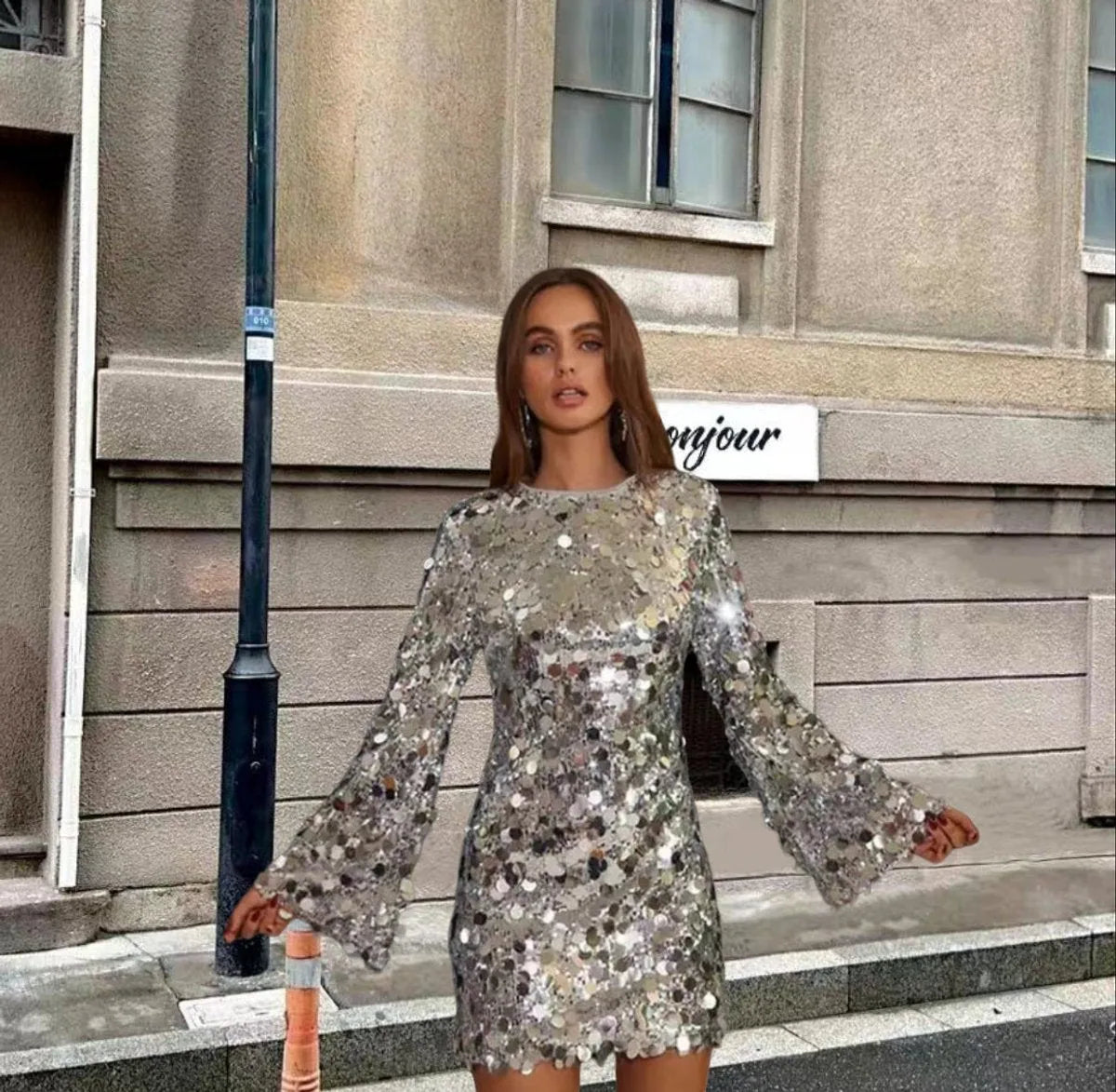 Raymonde Sequin Mini Dress – Silver – front, on location