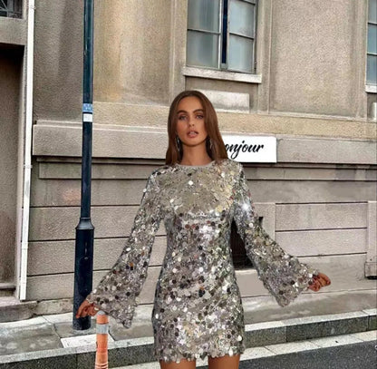 Raymonde Sequin Mini Dress – Silver – front, on location