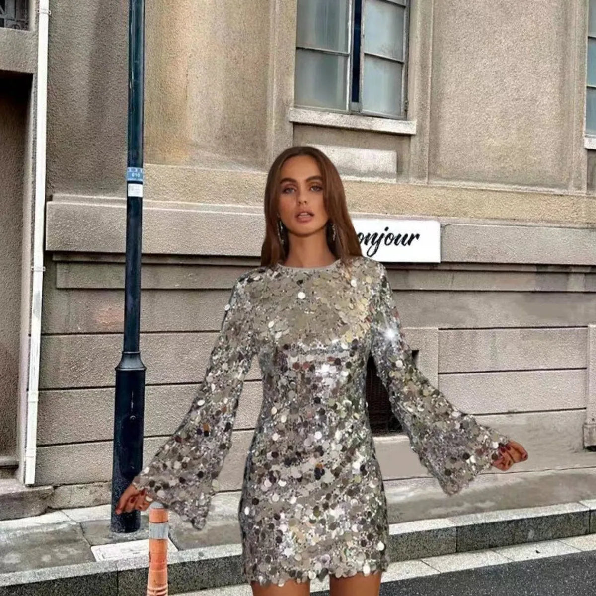 Raymonde Sequin Mini Dress – Silver – side, turning