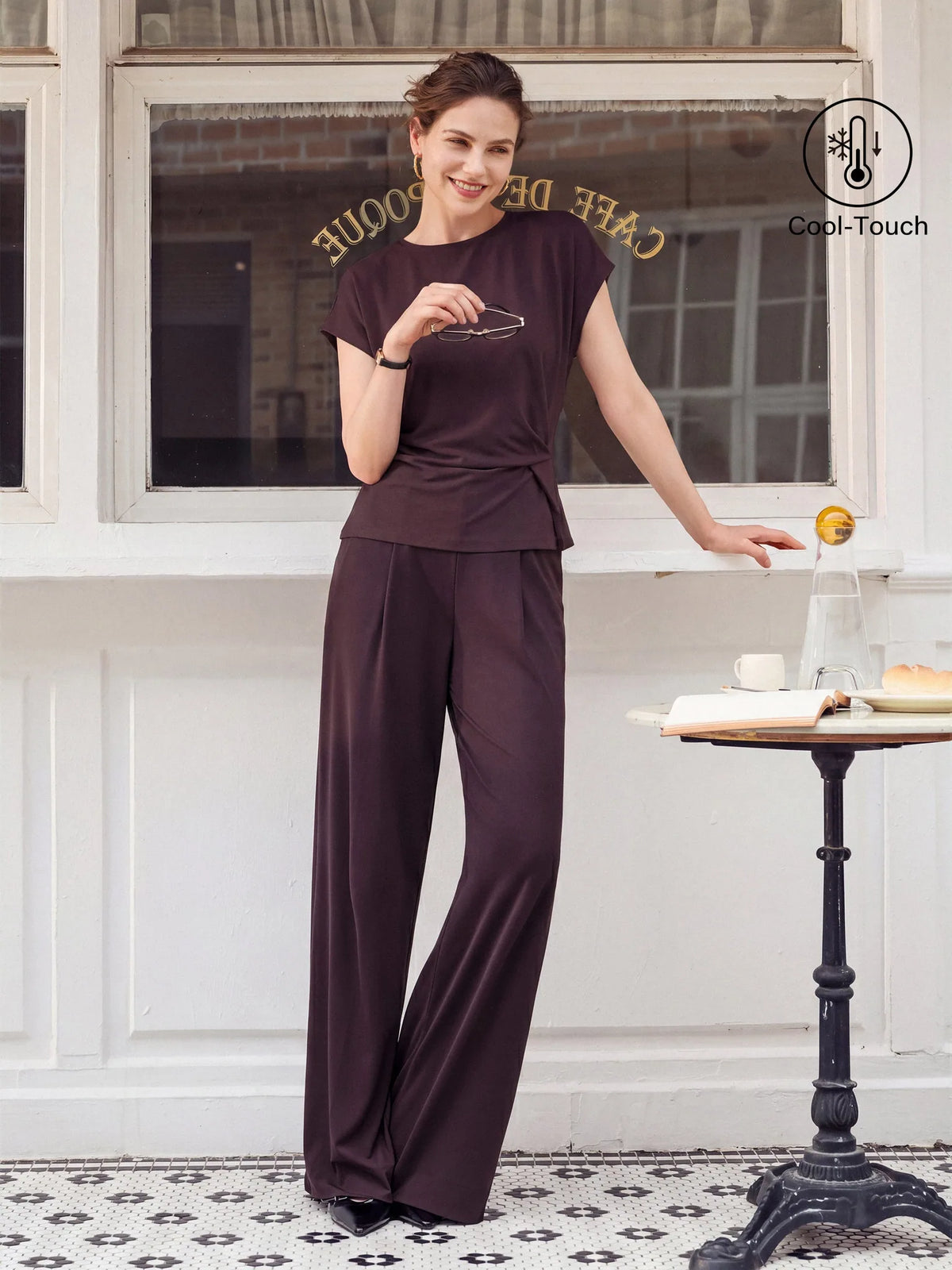 Aoife Tucked Top & Wide Leg Trouser Set – Purple – front, on location