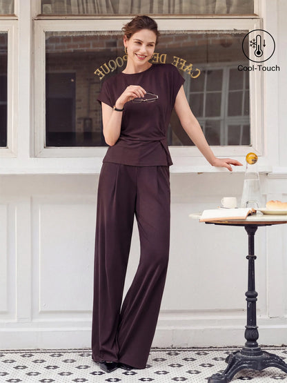 Aoife Tucked Top & Wide Leg Trouser Set – Purple – front, on location