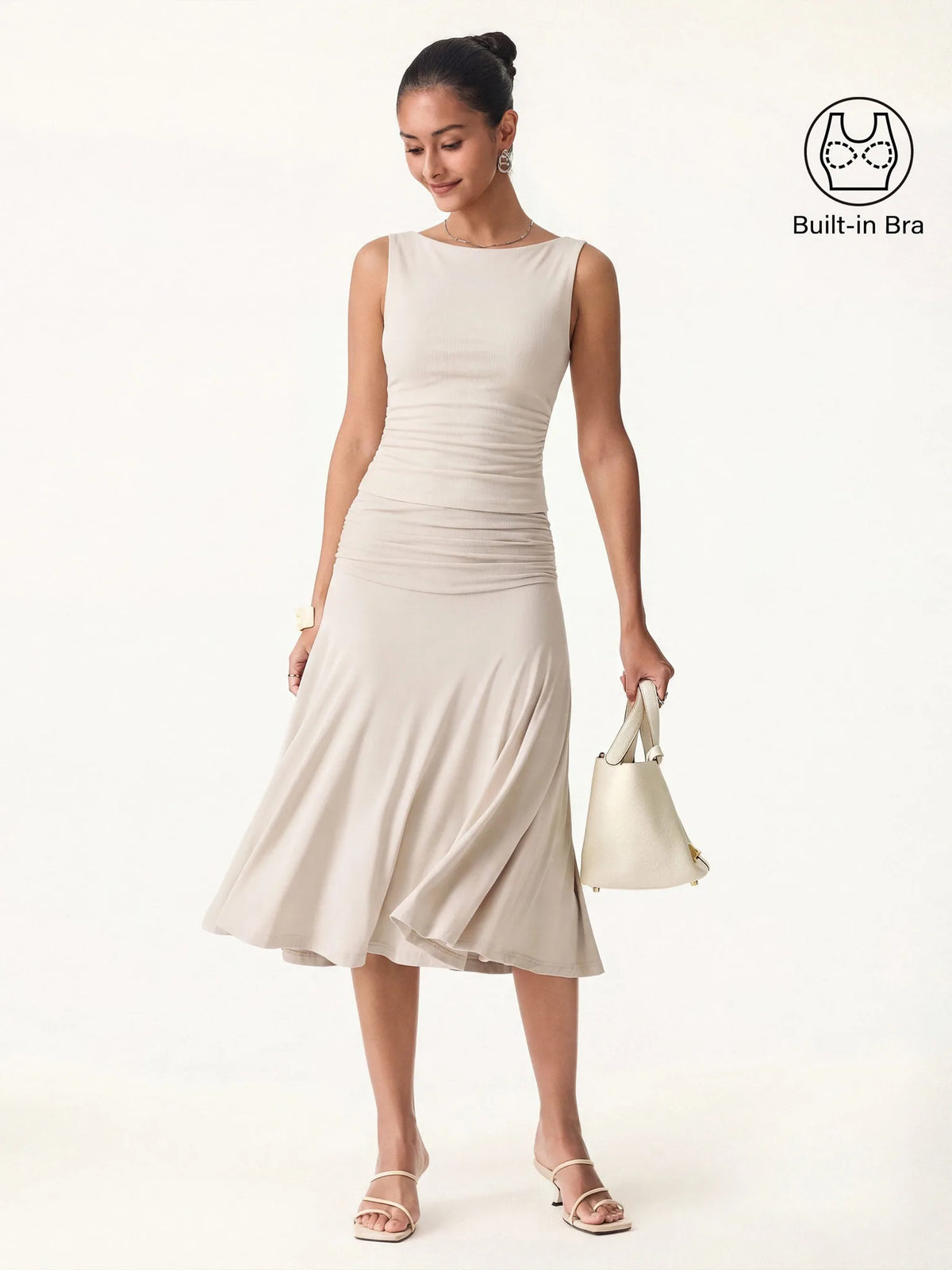 Aslaug Open Back Tank & Midi Skirt Set – Beige – front, full length