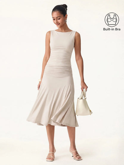 Aslaug Open Back Tank & Midi Skirt Set – Beige – front, full length