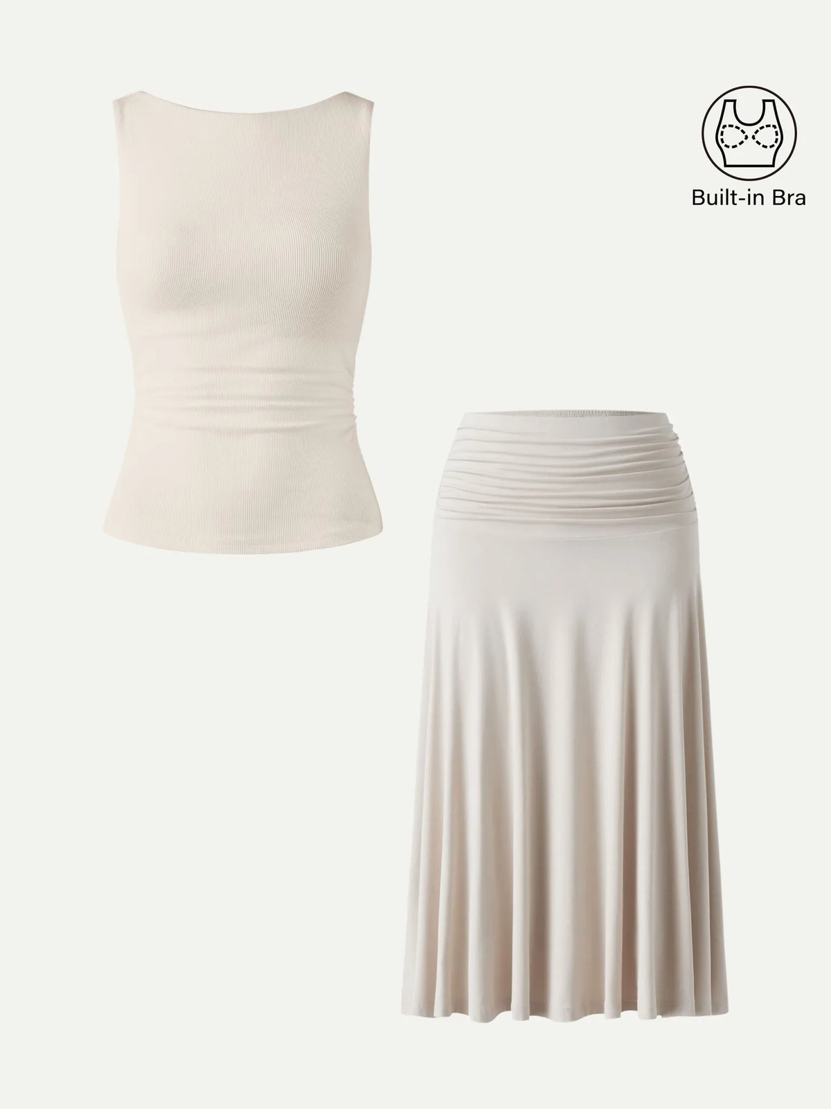 Aslaug Open Back Tank & Midi Skirt Set – Beige – flat lay