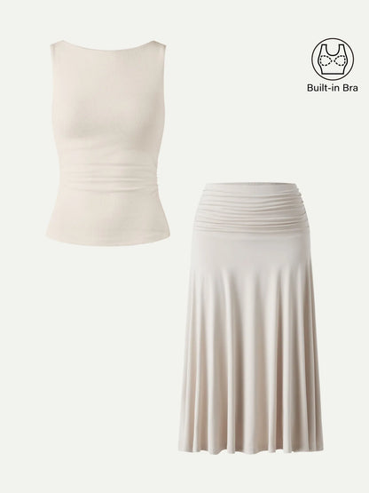 Aslaug Open Back Tank & Midi Skirt Set – Beige – flat lay