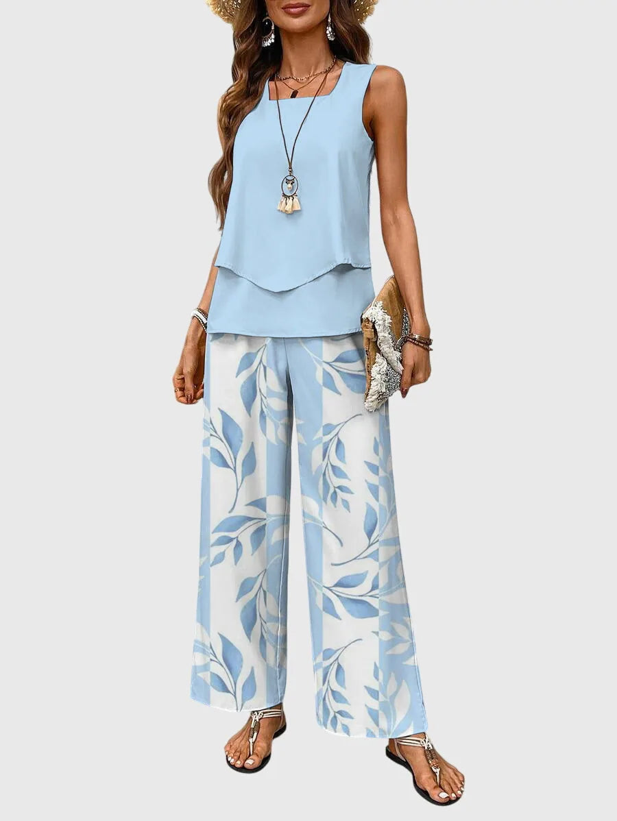 Deirdre Botanical Print Trouser Set – Blue – front