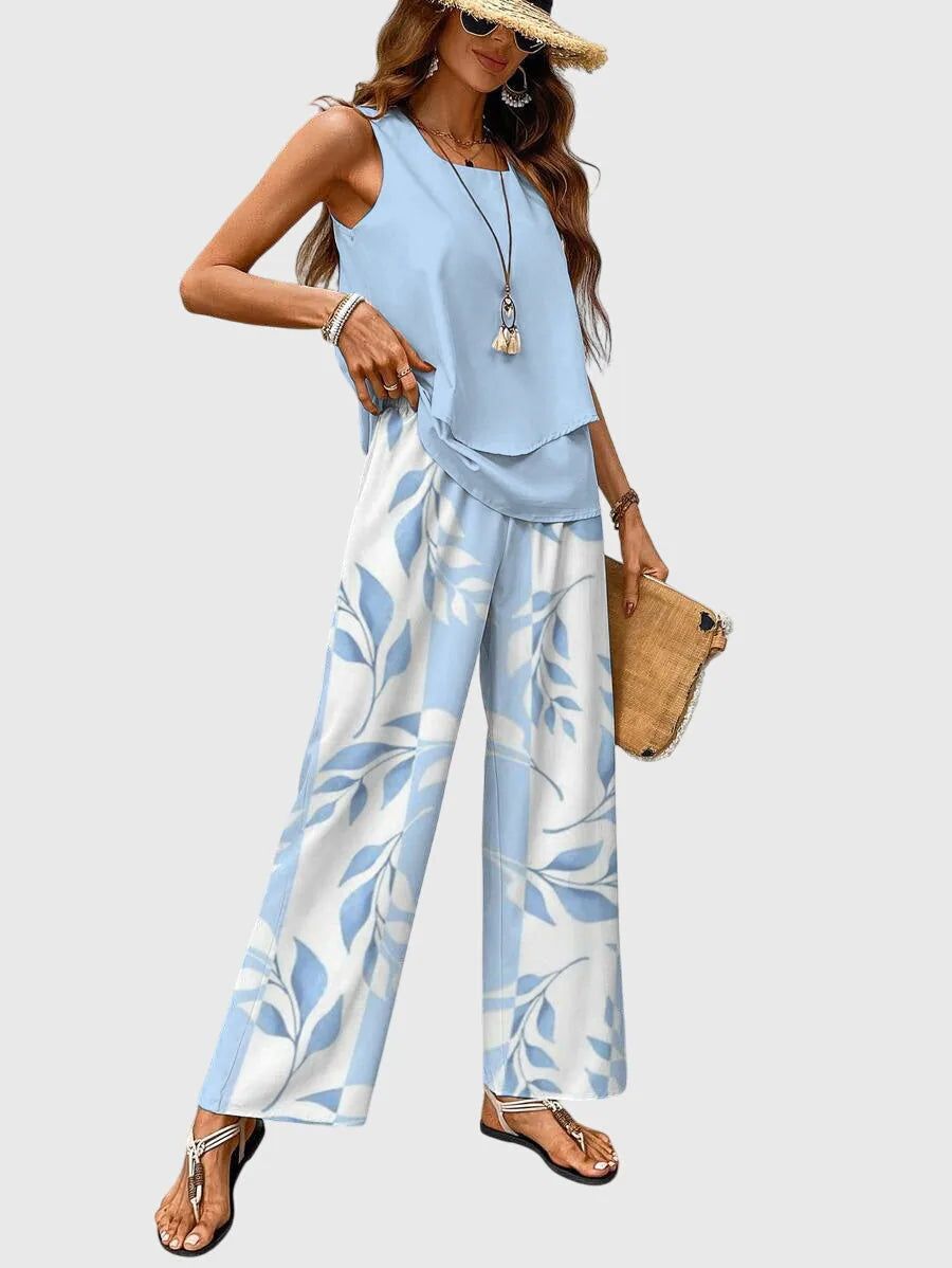 Deirdre Botanical Print Trouser Set – Blue – front, alternate angle