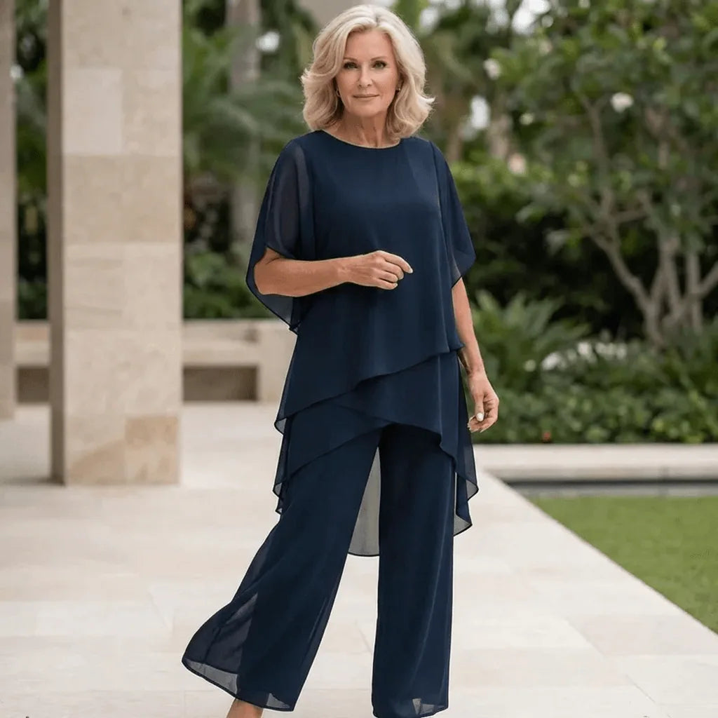 Grainne Draped Top & Palazzo Set – Navy – front, full length