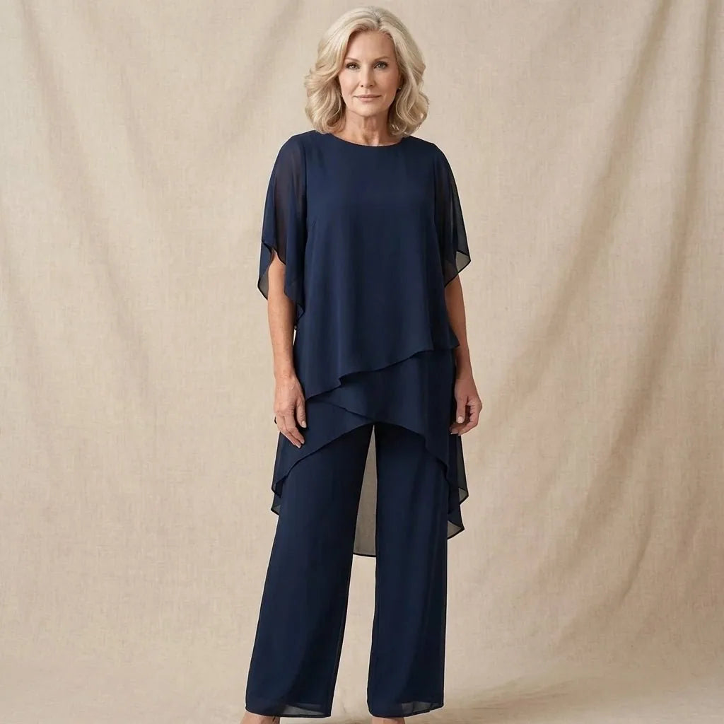 Grainne Draped Top & Palazzo Set – Navy – front, full length, alternate