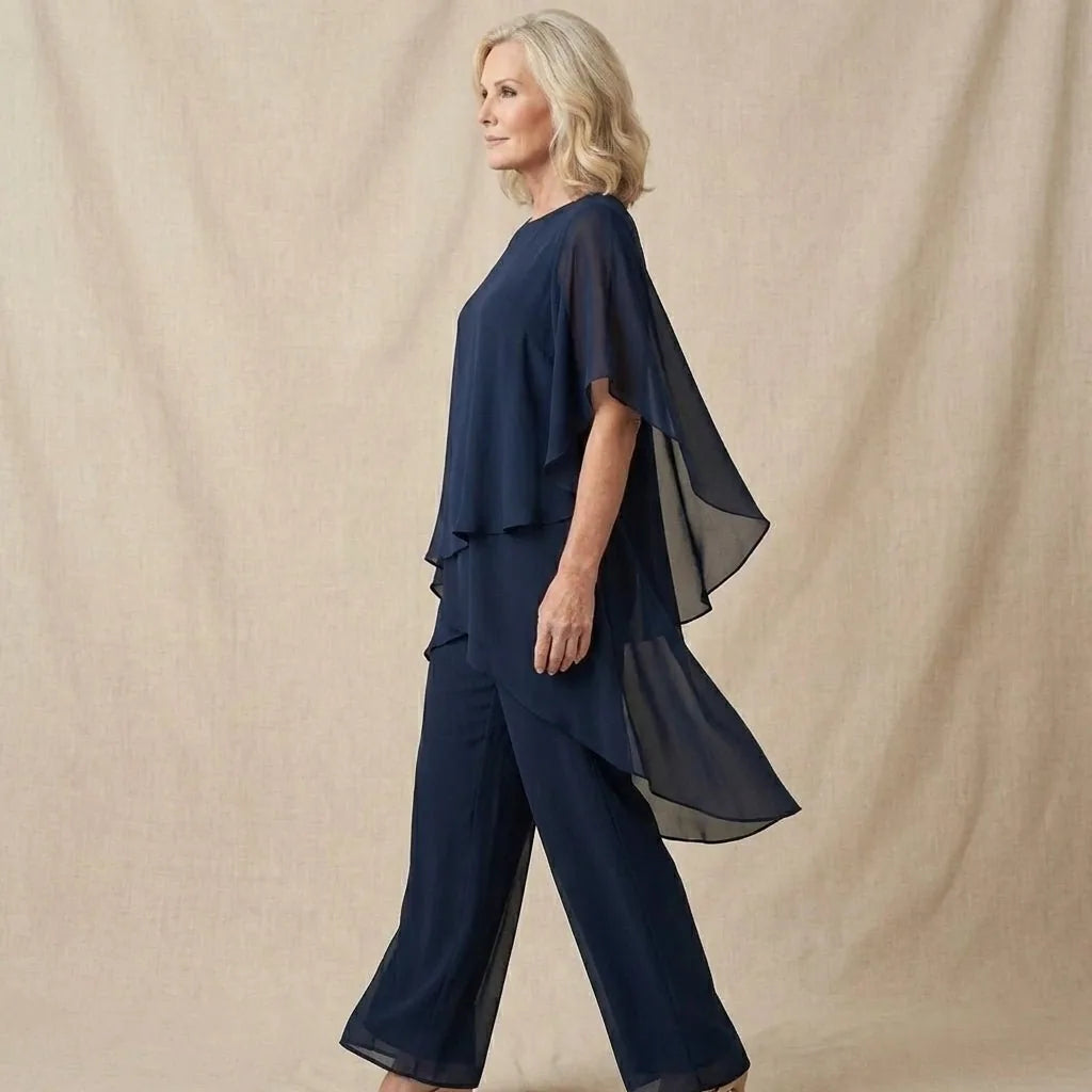 Grainne Draped Top & Palazzo Set – Navy – front, side profile