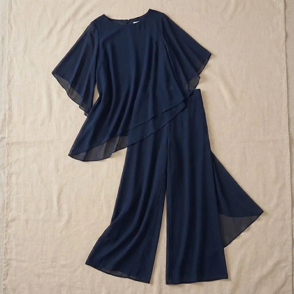 Grainne Draped Top & Palazzo Set – Navy – flat lay, hanging