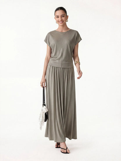 Gunhild Round Neck Top & Maxi Skirt Set – Beige – front, flat lay