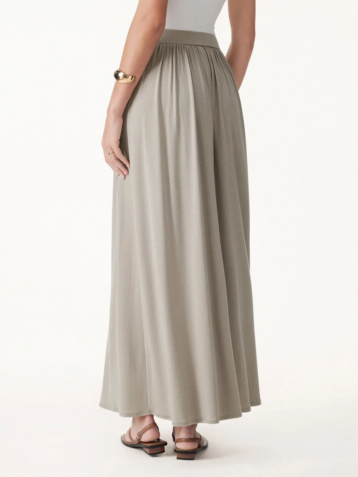 Gunhild Round Neck Top & Maxi Skirt Set – Beige – waist detail