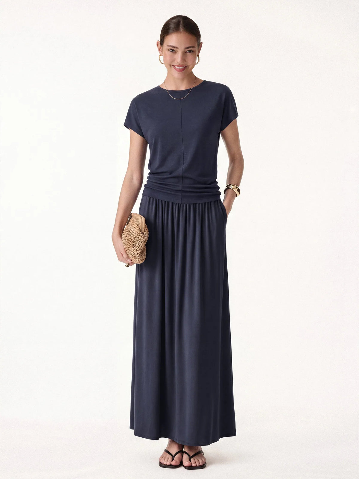 Gunhild Round Neck Top & Maxi Skirt Set – Navy – front, full length