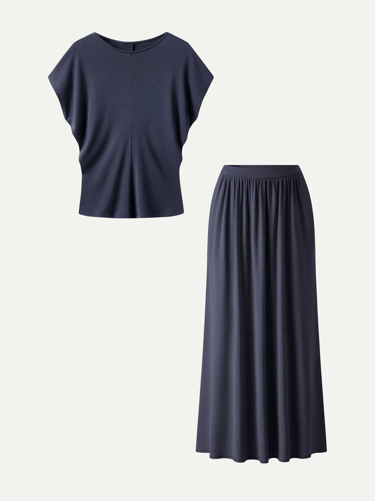Gunhild Round Neck Top & Maxi Skirt Set – Navy – flat lay