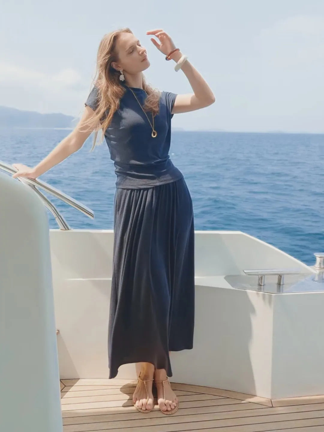 Gunhild Round Neck Top & Maxi Skirt Set – Navy – front, on location