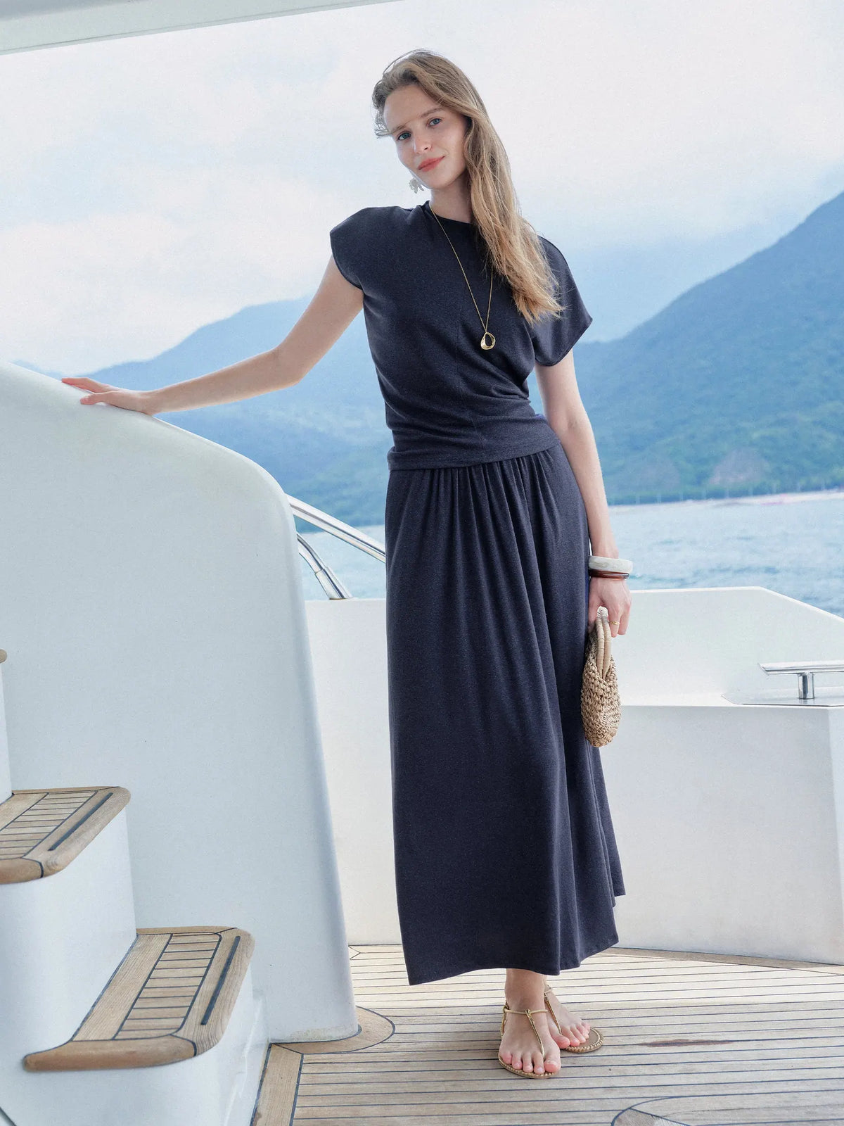 Gunhild Round Neck Top & Maxi Skirt Set – Navy – front, on location, alternate
