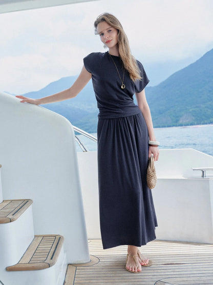 Gunhild Round Neck Top & Maxi Skirt Set – Navy – front, on location, alternate