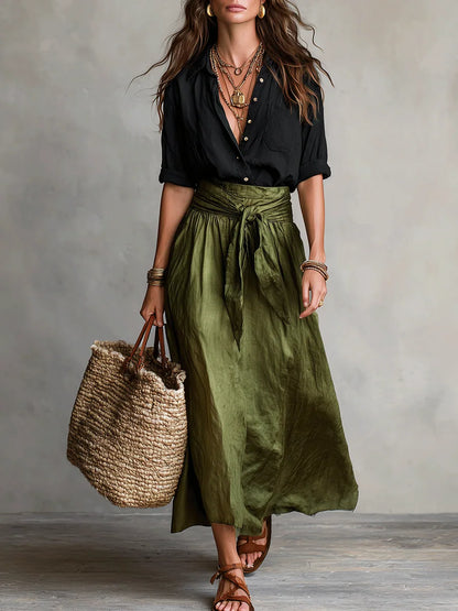 Gwyneth Boho Blouse & Satin Skirt Set – Black – front, walking