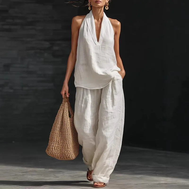 Niamh Linen-Texture Halter Set – White – front, walking