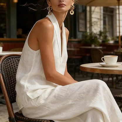 Niamh Linen-Texture Halter Set – White – front, seated, cafe